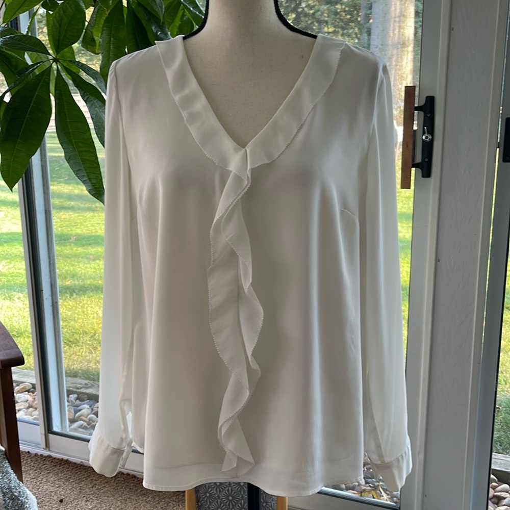 Serein White Ruffled Long Sleeve Deep V Neckline Dressy  Blouse Top Size Medium